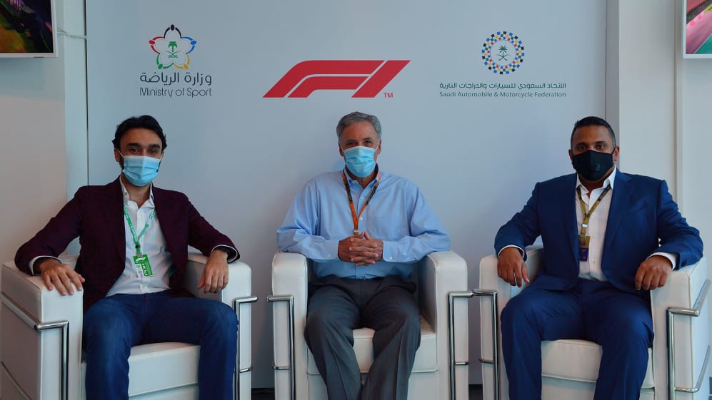 SAUDI ARABIA WILL HOST THE FORMULA 1 RACE IN 2021 LR Prince Abdulaziz Al Saud, Chase Carey + Prince Khaled Al Faisal - Imola.jpg